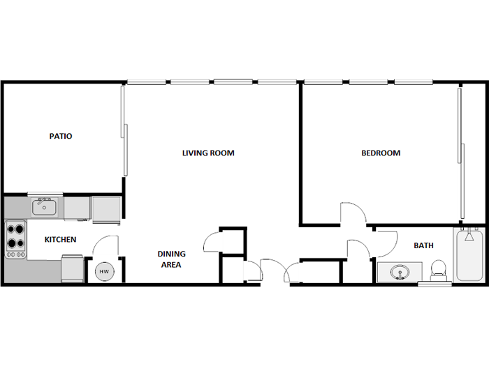 Floor plan for 1 bed, 1 bath, 750 sqft